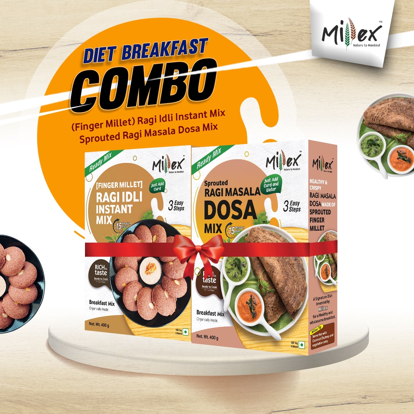 DIET BREAKFAST - (Finger Millet) Ragi Idli Instant Mix | Sprouted Ragi Masala Dosa Mix (Total 800g - each 400g)