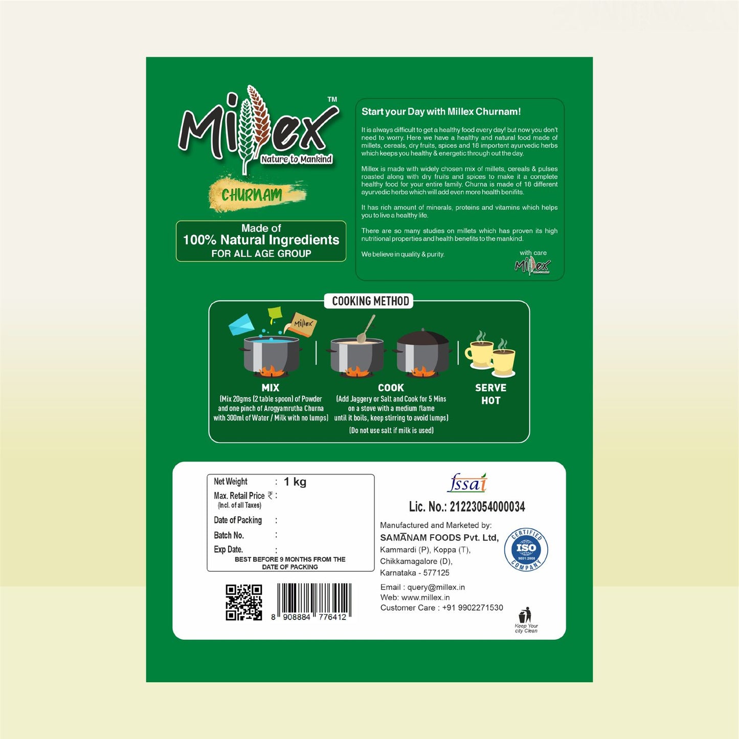 Millex Millet Health Drink Mix with churnam - pack of 1 (800g)