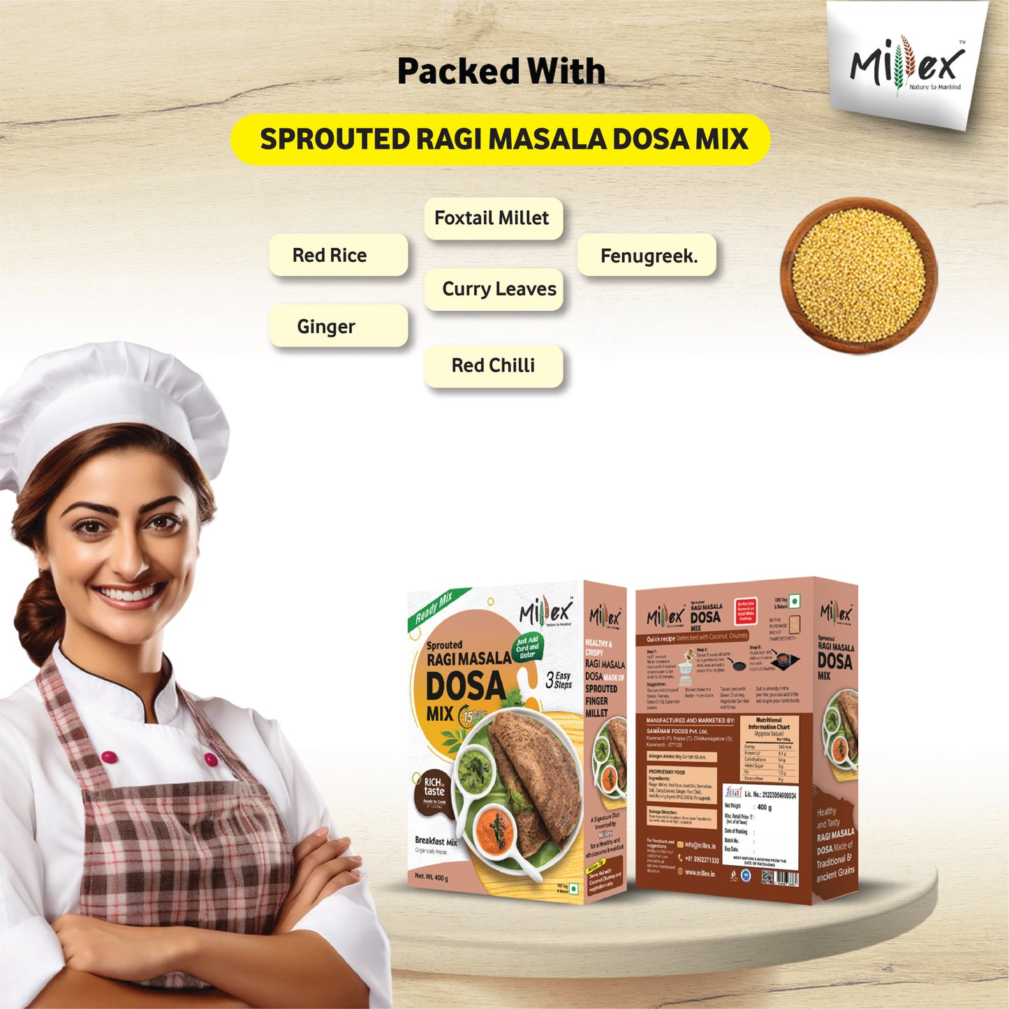 Sprouted Ragi Masala Dosa Mix - Pack of 2 (Total 800g - each 400g)