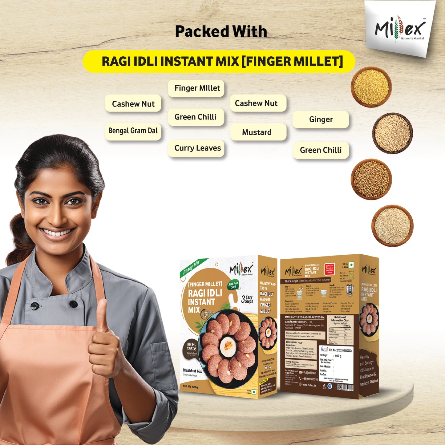 Ingredients for Millex Ragi Idli Instant Mix, including Finger MIllet, Semolina, Edible Oil, Bengal Gram Dal, Cashew Nut, Salt
