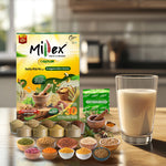 Packaging of Millex Millet Health Drink Mix with churnam, showing the product box, various millet seeds, and a glass of prepared drink on a kitchen counter. thumbnail