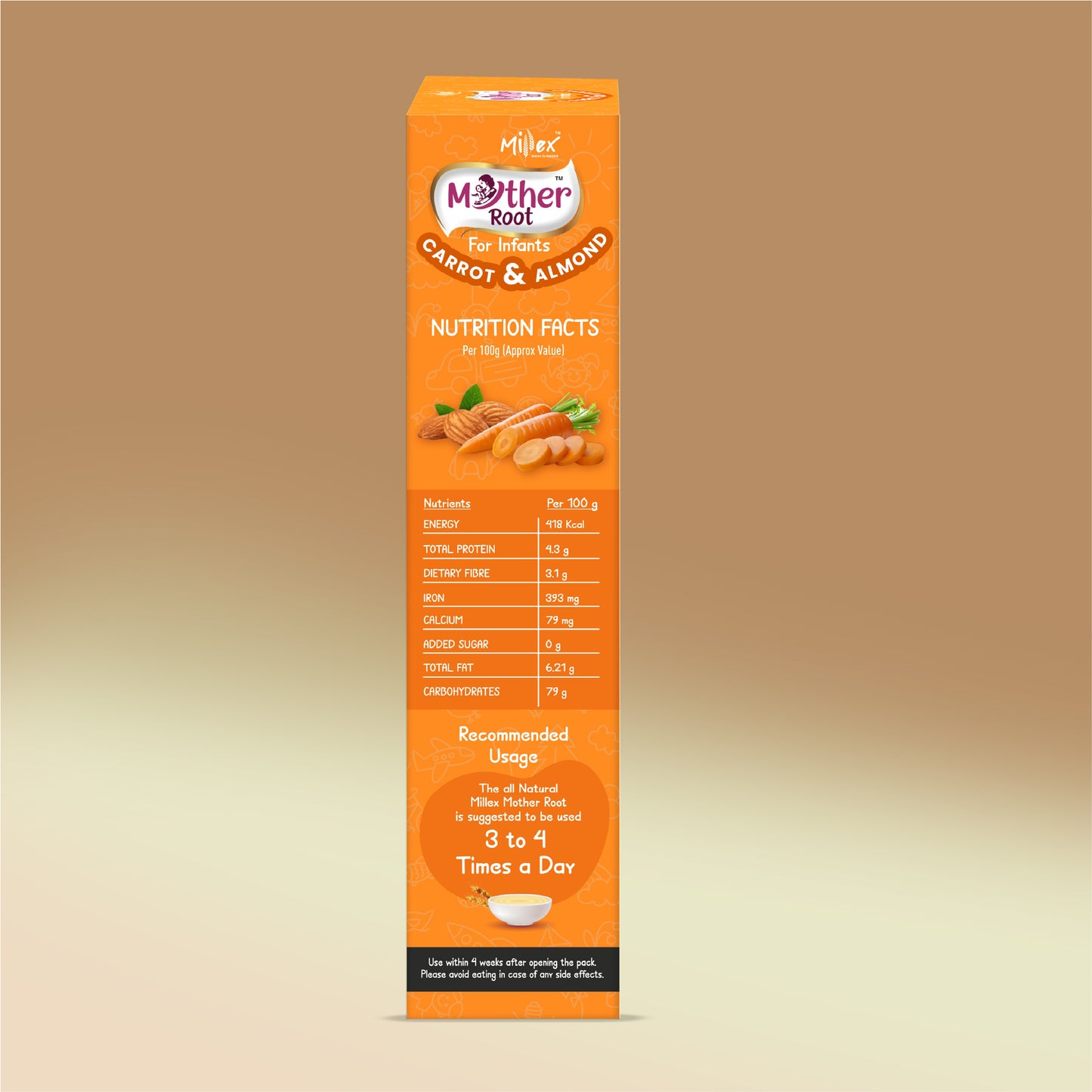 Orange packaging of Mother Earth Carrot & Almond product on a gradient background